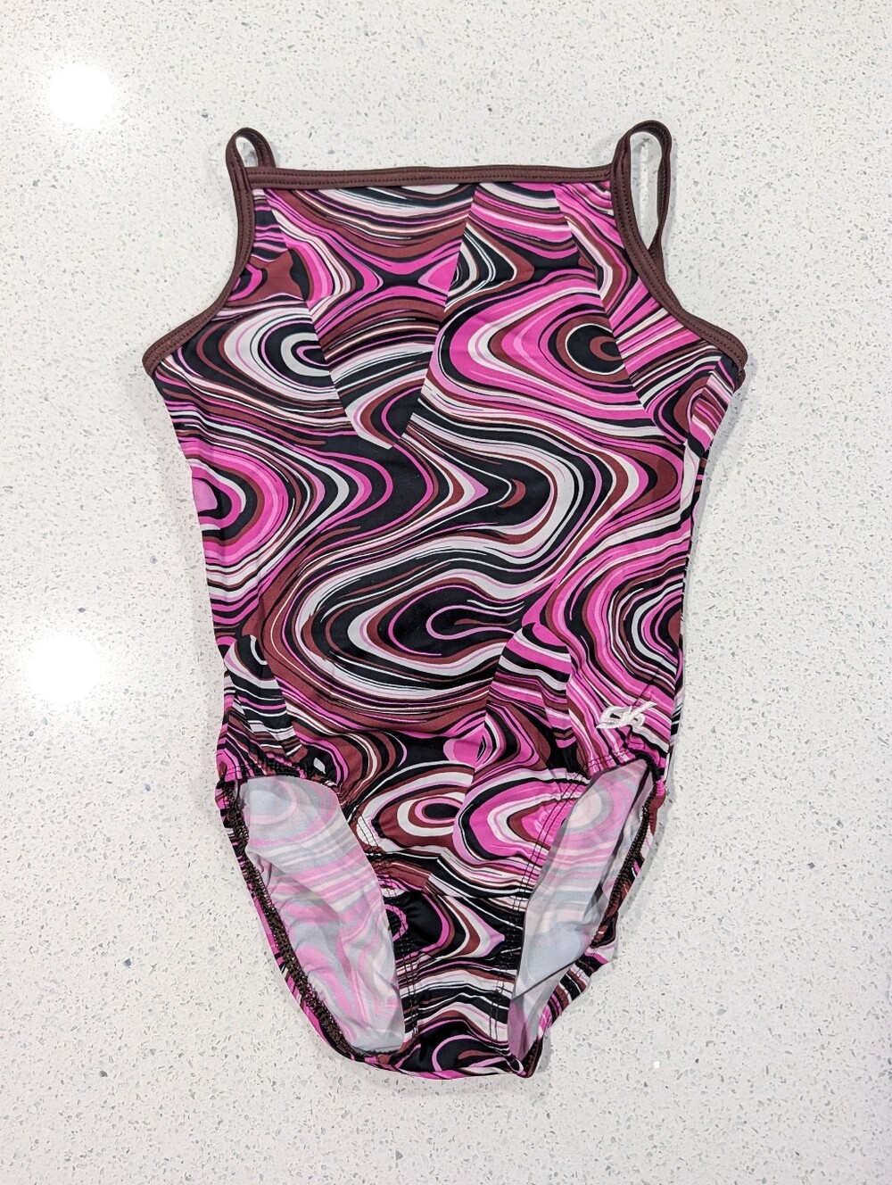GK Elite XS- Small AXS Gymnastics Dance Leotard Brown Pink SWIRL Spaghetti Strap